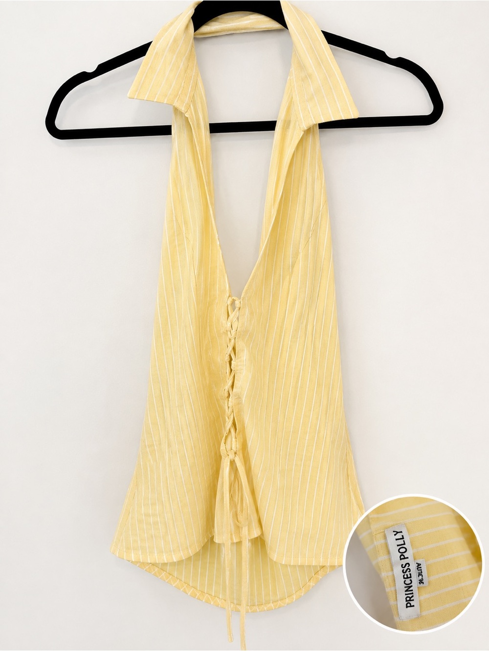 Princess Polly Yellow Pinstripe Halter Tie-Back Top
